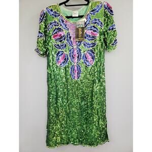 Vintage Silk Cocktail Dress 80s Sequin Flapper Wearable Art Deco Beaded GATSBY